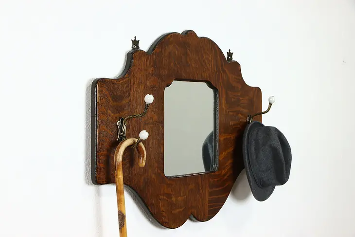 Victorian Antique Farmhouse Oak Hall Mirror with Hooks #38175