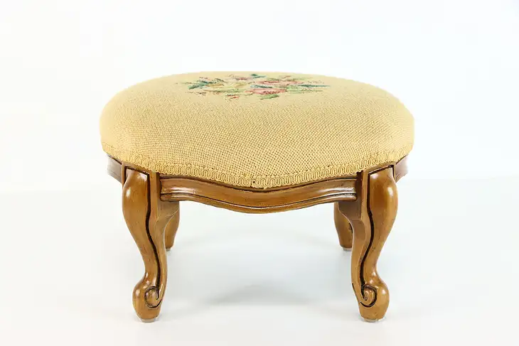 Farmhouse Vintage Country Fruitwood Footstool, Needlepoint Upholstery #38184