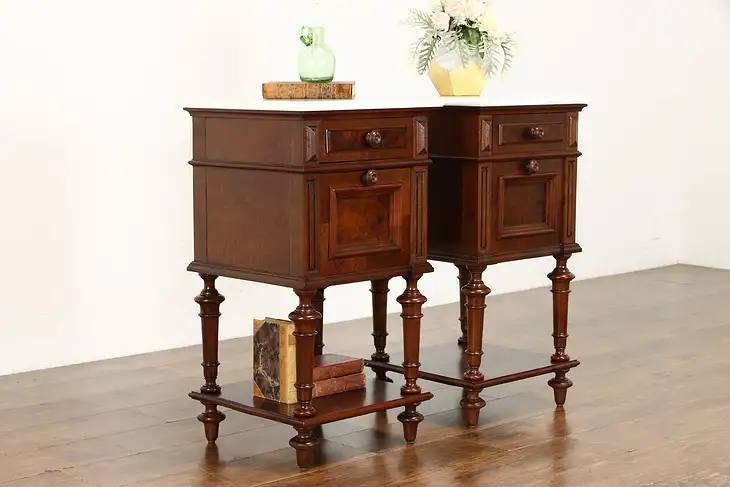 Pair Italian Renaissance Victorian Antique Walnut Marble Top Nightstands #38408