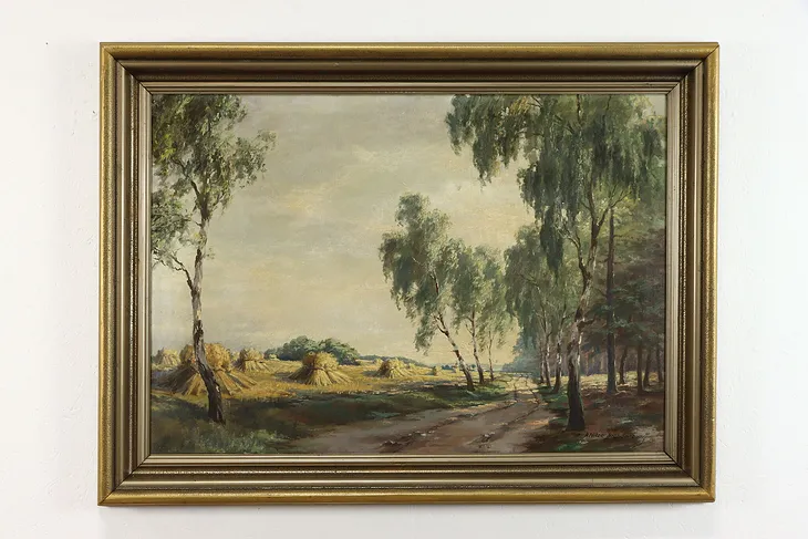 Original Oil Painting, Trees Haystack and Road, Alois Brandenburg, 48"  #38037