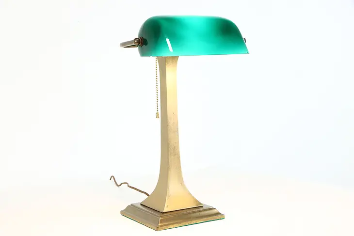 Emeralite Emerald & Opalescent Glass Antique Brass Banker Desk Lamp #38040