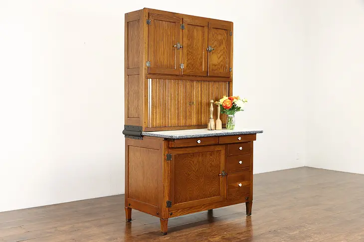 Hoosier Oak Cupboard Antique Farmhouse Kitchen Pantry Cabinet, Enamel Top #38464