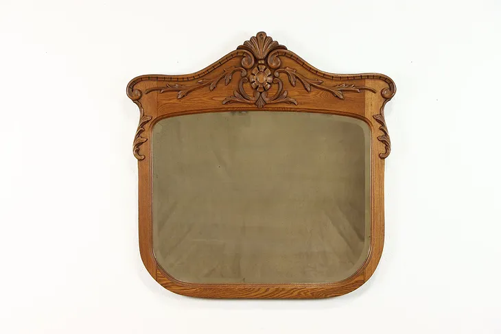 Victorian Antique Beveled Wall Mirror Carved Oak & Ash, 37" #38619