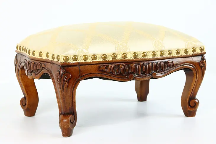 Fruitwood Antique Carved French Footstool, New Upholstery #38302