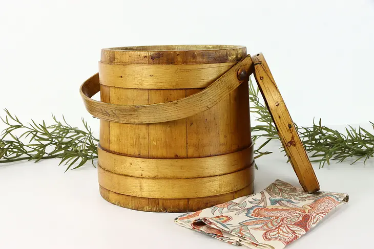 Pine Sugar Bucket, Antique Farmhouse Country Firkin with Lid and Handle #38477