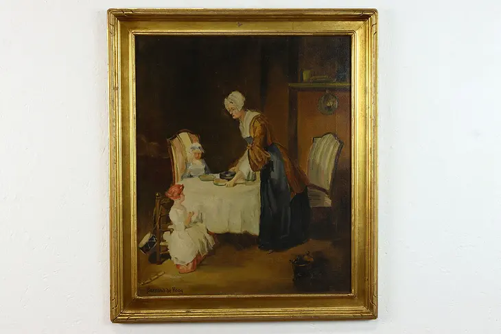 Mother & Daughters Original Antique Oil Painting after de Hoog 29" #38806