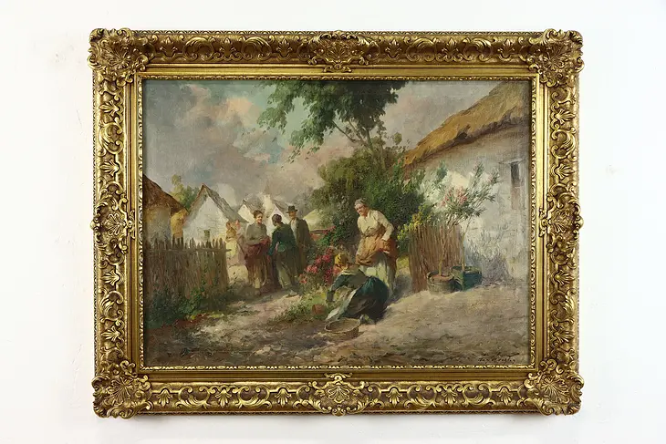 Villagers Cutting Flowers Vintage Original Oil Painting, Agoston Acs 38" #38814