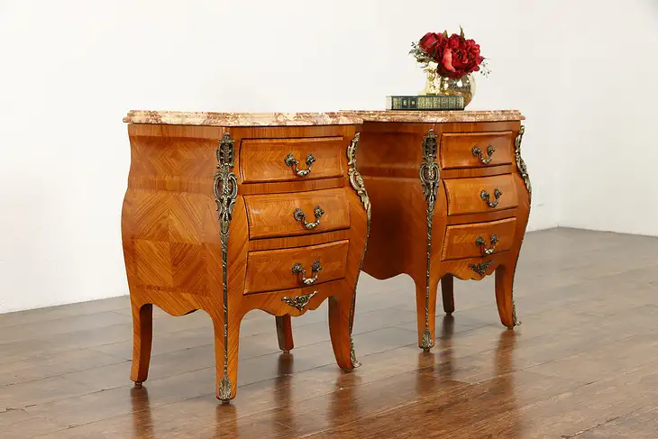 Pair of Vintage Italian Bombe Marble Top Marquetry Chests or Nightstands #34199