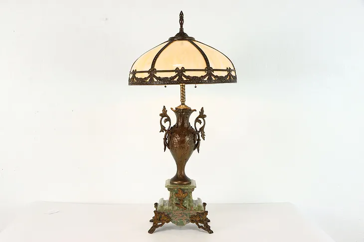 Onyx Base Antique Classical Lamp Curved Stained Glass Shade #37259