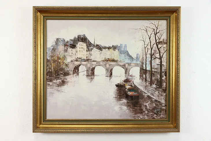 Pont Neuf Bridge, Paris Vintage Original Oil Painting, J.K. Walles 34" #38820