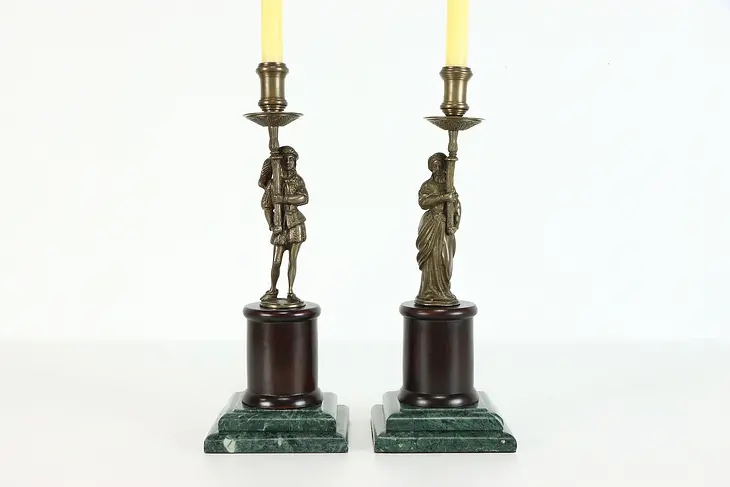 Pair of Vintage Renaissance Figural Sculpture Candlesticks, Marble Bases #38664