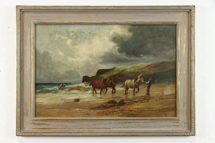 Horses Pulling From Sea Original Antique Oil Painting Signed 30" #38807