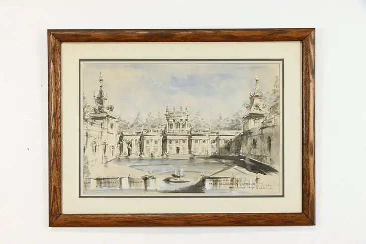 Warsaw Polish Royal Palace Original Vintage Watercolor Painting, 30.5" #38861