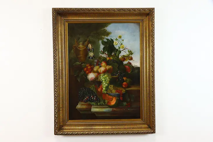 Still Life Roses & Fruit Original Vintage Oil Painting, Gilt Frame 52" #38938