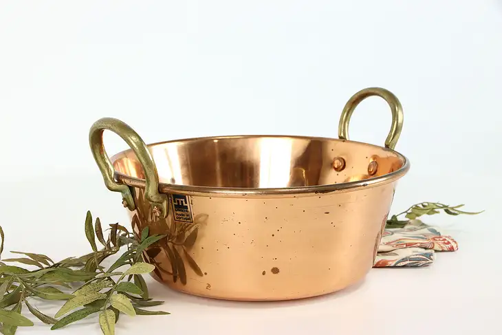 Farmhouse Vintage Copper Pot or Kettle, Brass Handles Portugal Metalutil  #39155