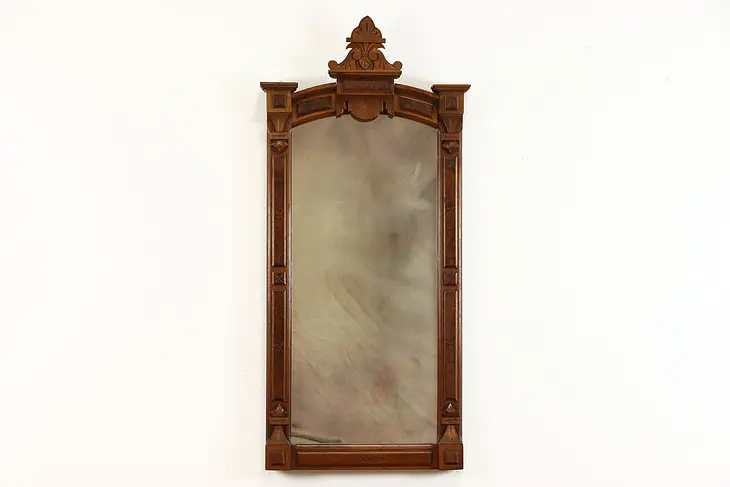 Victorian Eastlake Antique Walnut & Burl Hall Mirror, Smokey Glass #39227