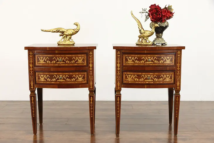 Pair of Antique Rose & Satinwood Marquetry Nightstands or End Tables #38993