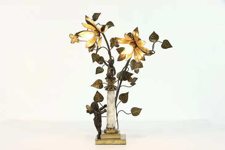Cherub or Angel Antique Newel Post Lamp, Brass & Iron, Marble Column  #39285