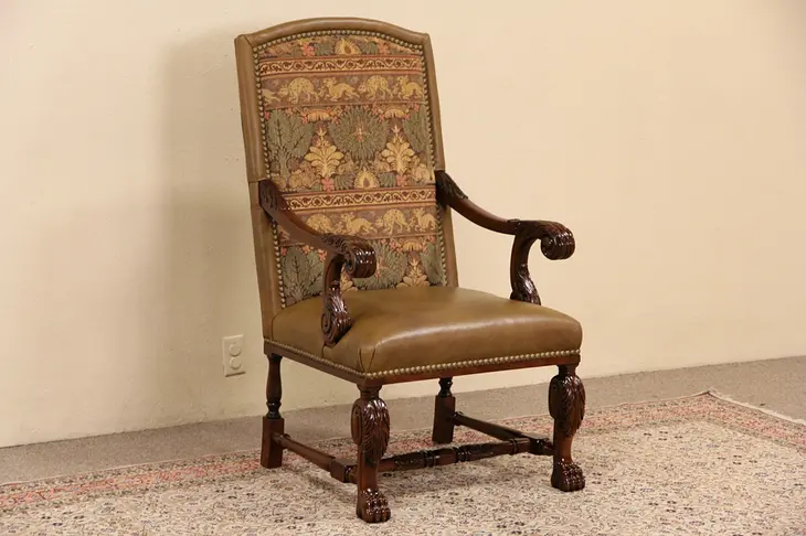 Whittemore Sherrill Leather & Tapestry Carved Mahogany Throne Chair with Arms
