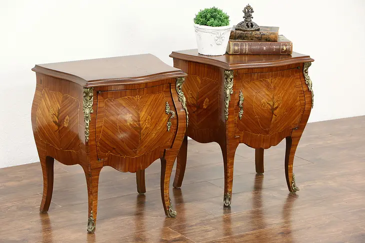Pair Italian Tulipwood Marquetry Bombe Nightstands or End Tables