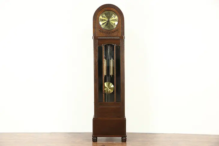 Gustave Becker Signed Oak Antique 1915 Grandfather Long Case Clock, Germany