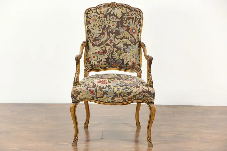 Carved Antique Scandinavian Chair, Needlepoint & Petit Point Upholstery