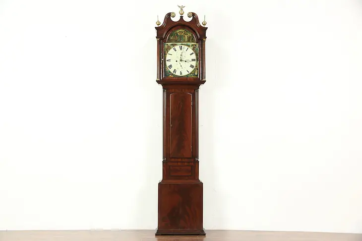 Georgian Grandfather Long Case Antique 1820 Clock, Painted Farm Scene, Scotland