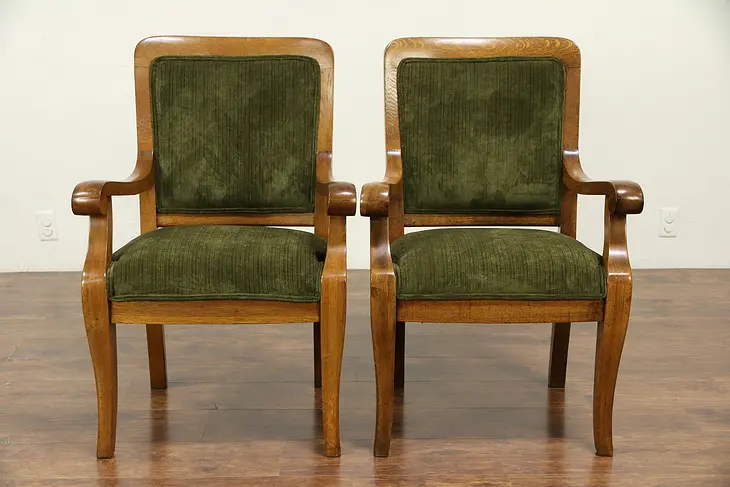 Pair Oak Antique Library Chairs, New Upholstery, Heywood Wakefield #30151