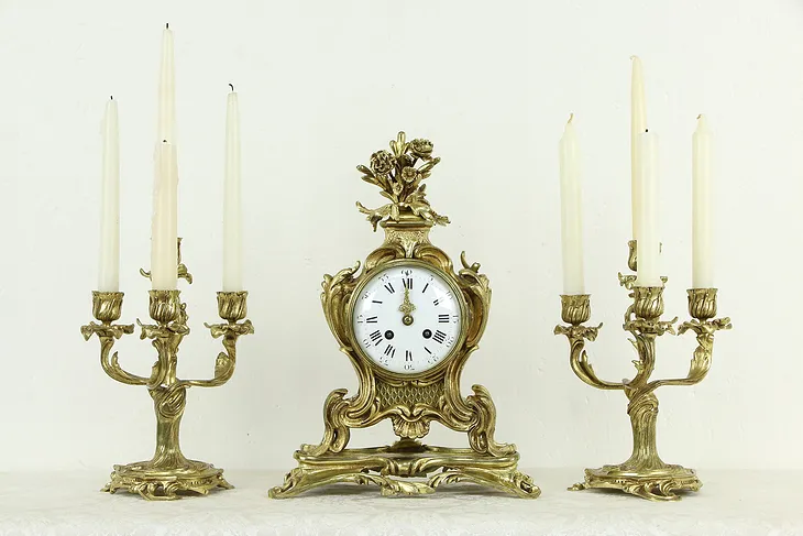 Bronze Antique French Mantel Clock & Candelabra Set, Japy Freres #34426