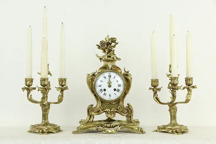 Bronze Antique French Mantel Clock & Candelabra Set, Japy Freres #34426