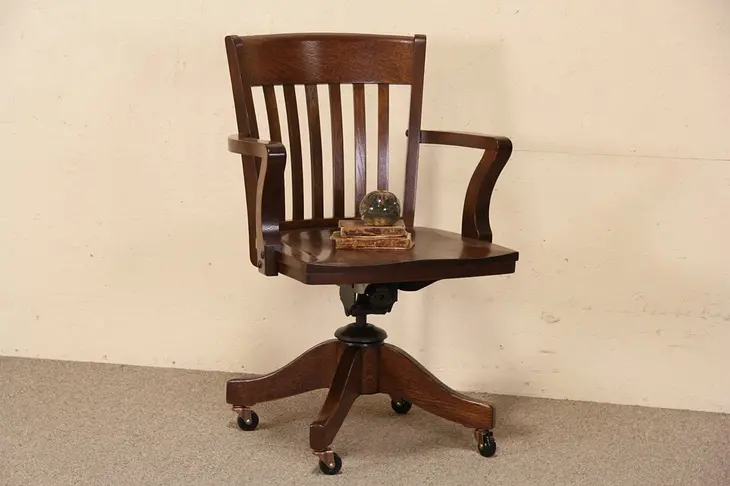 Oak Antique Johnson 1920 Swivel Adjustable Desk Arm Chair