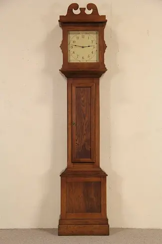 Oak Antique 1910 Grandfather Tall Case Clock, Quartz Battery Movement