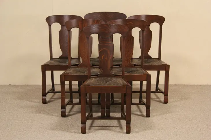Set of 6 Antique 1900 Oak Dining Chairs, Rush Seats