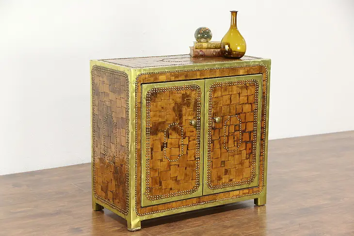 Mosaic Leather & Brass Nailhead Vintage Console Cabinet
