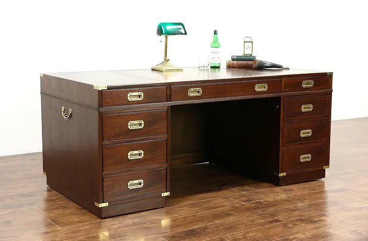Kittinger Signed Executive or Library Vintage Campaign Desk, Gold Tooled Leather