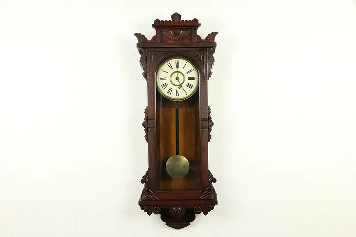 Victorian Antique Walnut Wall Clock, All Original Signed Ansonia NY #31730