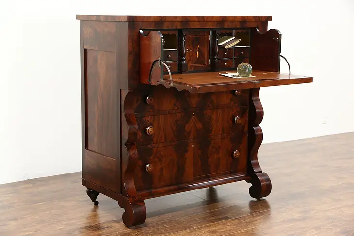 Empire Mahogany 1835 Antique Butler Secretary Desk, Secret Compartments