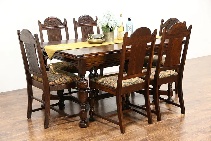 English Tudor Antique 1920 Oak Dining Set, Table 2 Leaves, 6 Chairs