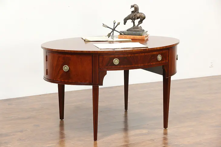Partner Desk, Mahogany Vintage Oval Georgian Style, Signed Henredon