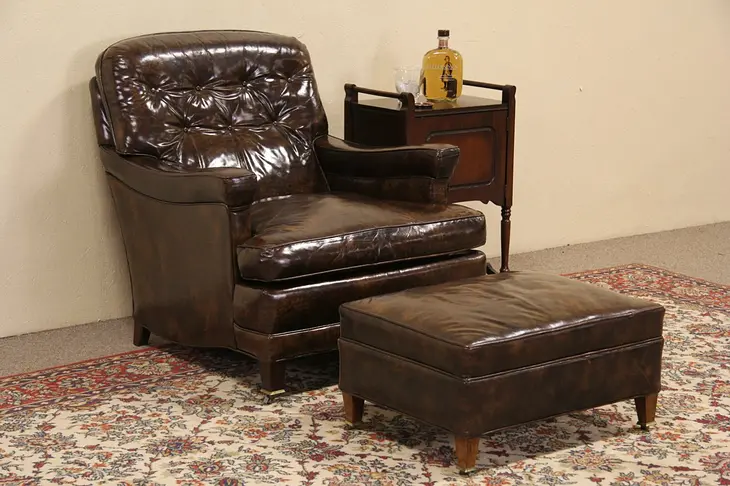 Leather Vintage Chair & Ottoman or Footstool Set