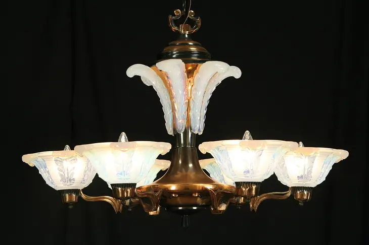 French Art Deco 1925 Antique Copper Chandelier, Opal Glass Shades