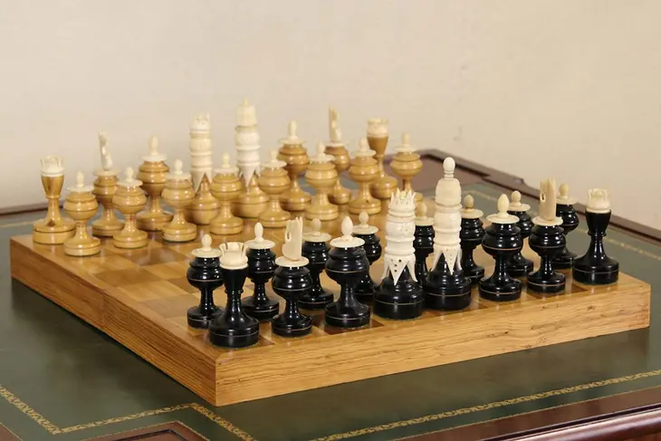 Chess Set, 1920's Carved Bone, Ebony & Maple, Case with Board