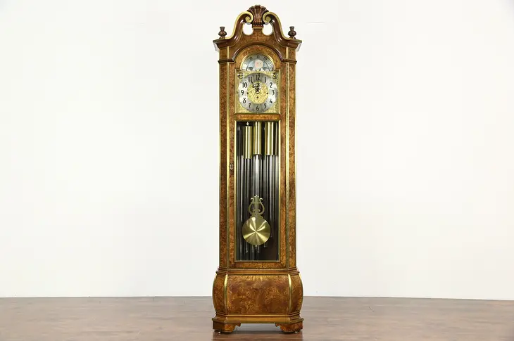 Herschede Signed 9 Tube Vintage Grandfather Clock, Burl Case