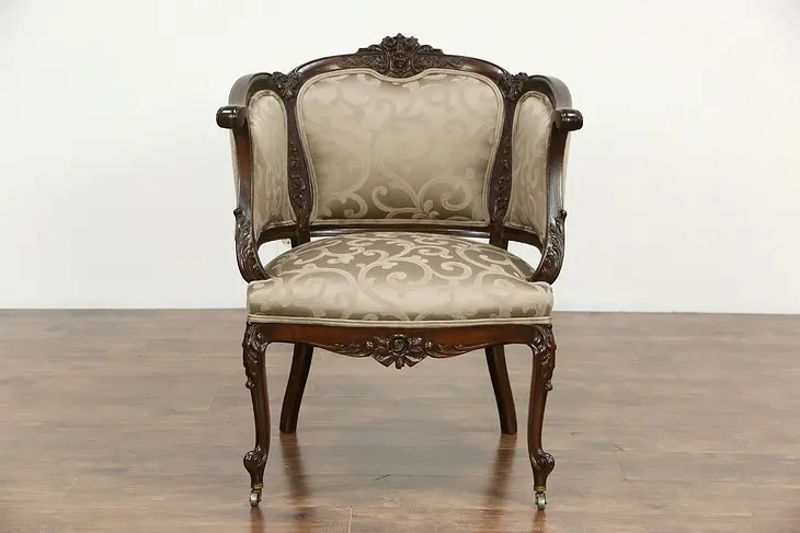 French Carved Walnut 1910 Antique Chair, New Upholstery