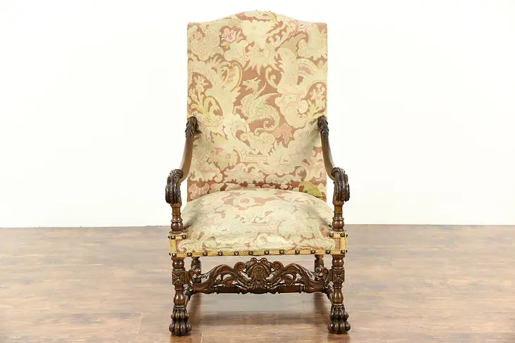 French Carved Walnut Antique 1895 Hall or Throne Chair, Original Needlepoint