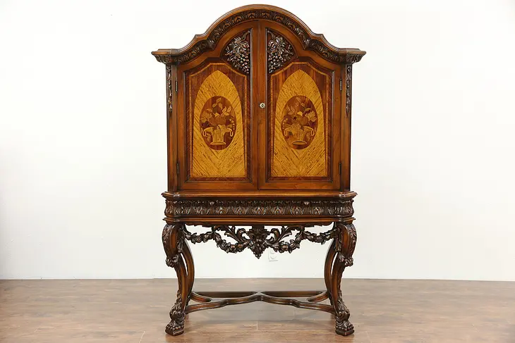 Renaissance Carved 1925 Antique China or Wine Cabinet, Marquetry & Grapevines