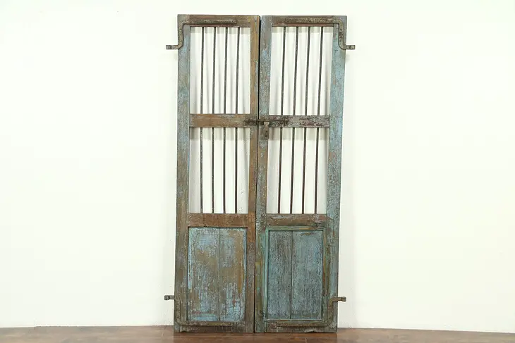 India  Antique Architectural Salvage Pair 18" Blue Doors, Iron Bars, Wine Cellar