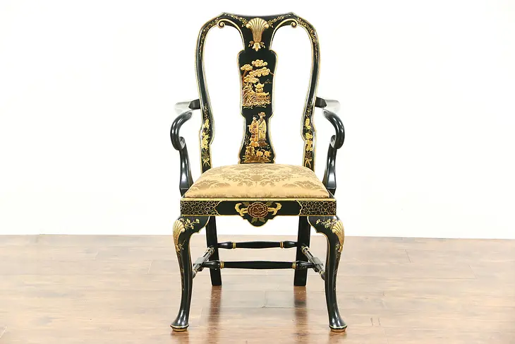 Chinese Style Hand Painted Vintage Chair with Arms, Black