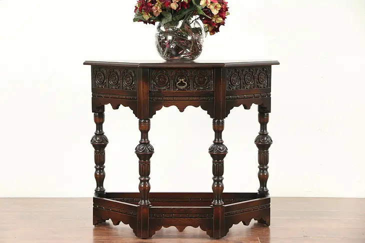 English Tudor Oak 1930's Vintage Hall Console Table, Signed Lammerts #29559