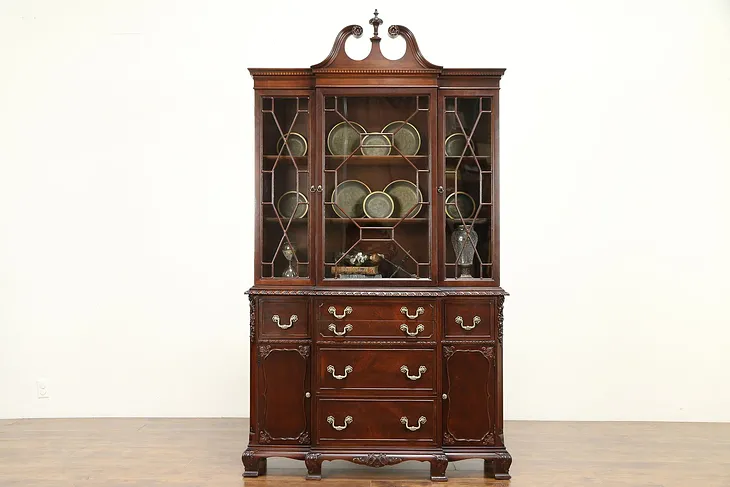 Georgian Chippendale Vintage Mahogany Breakfront China Display Cabinet #30987
